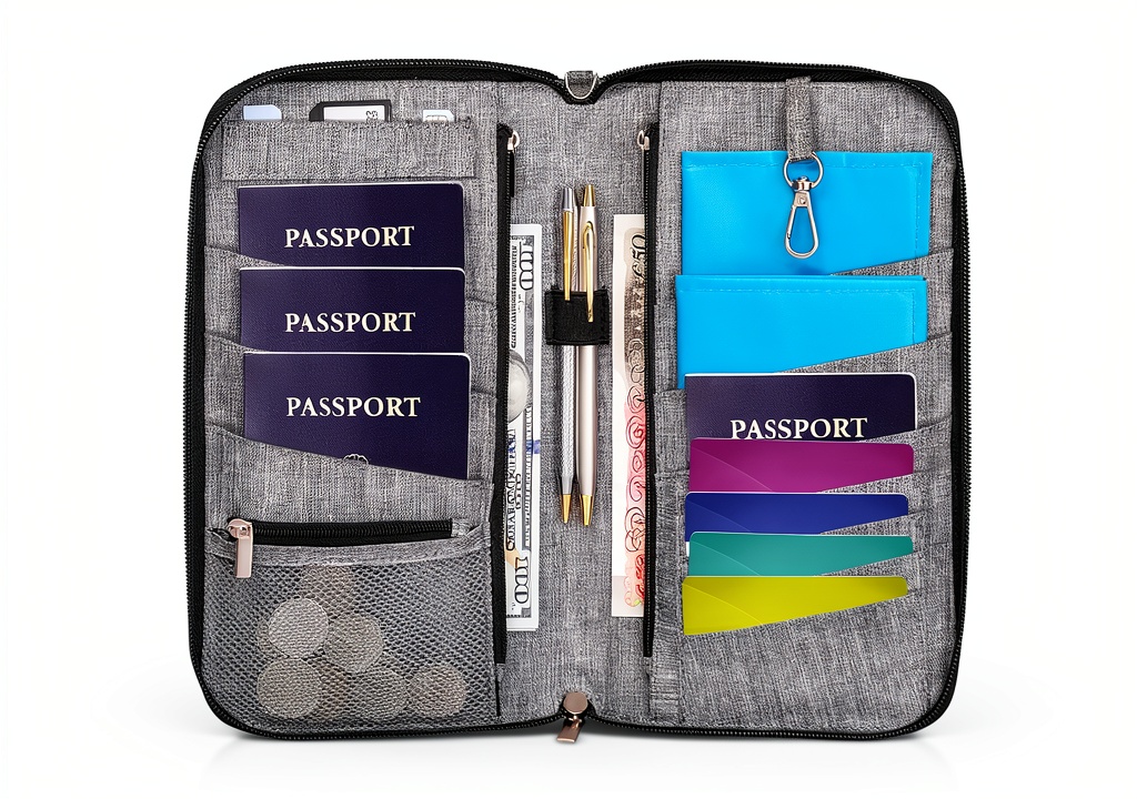 Holifesy RFID Gray Large travel organizer displayed on a wooden desk, showing passport slots, wristlet and cross‑body strap